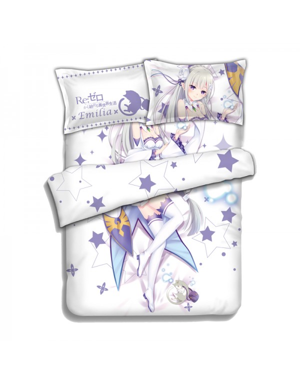 Emilia - Re Zero Anime 4 Pieces Bedding Sets,Bed Sheet Duvet Cover with Kissenbezüge