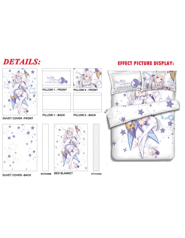 Emilia - Re Zero Anime 4 Pieces Bedding Sets,Bed Sheet Duvet Cover with Kissenbezüge